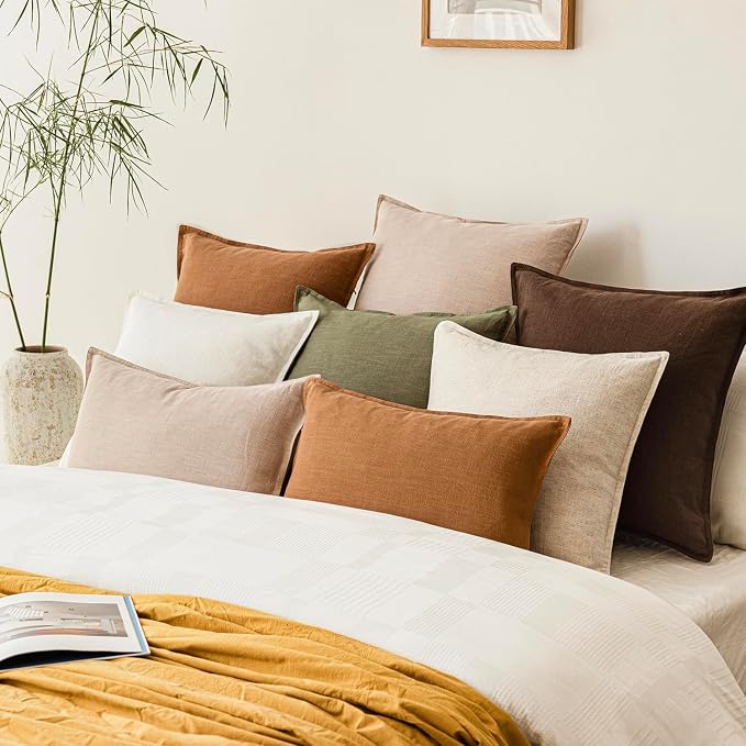 Foindtower Pack of 2, Decorative Linen Solid Throw Pillow Covers Soft Accent Cushion Case Boho Farmhouse Neutral Pillowcase for Couch Sofa Bedroom Living Room Home Decor 18 x 18 Inch Reddish Brown