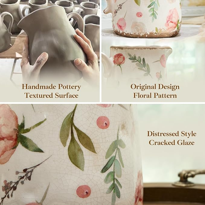 Vintage Fruit and Floral Ceramic Vase with Handle, Retro Ice Glazed Crack Farmhouse Pitcher Vase for Home Decor, Living Room, Shelf, Office, Rustic Table Centerpiece 7 Inch