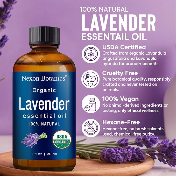 Organic Lavender Essential Oil 30 ml - Naturally Derived Oils for Aromatherapy, Diffusers, DIY, Candle and Soap Making Scent - Nexon Botanics