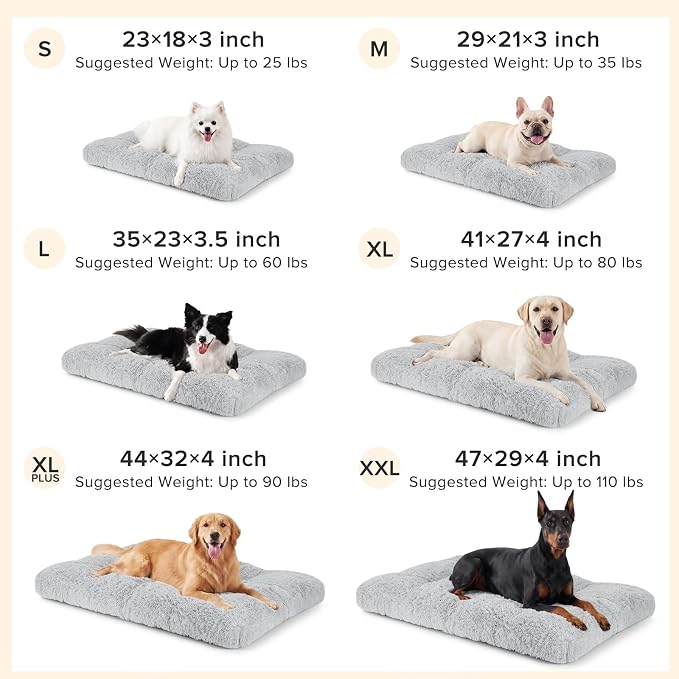 JOEJOY Dog Bed Crate Pad, Deluxe Plush Washable Dog Beds Fulffy Soft Kennel Pad Anti-Slip Pet Sleeping Mat for Medium Small Dogs, 29" x 21", Grey
