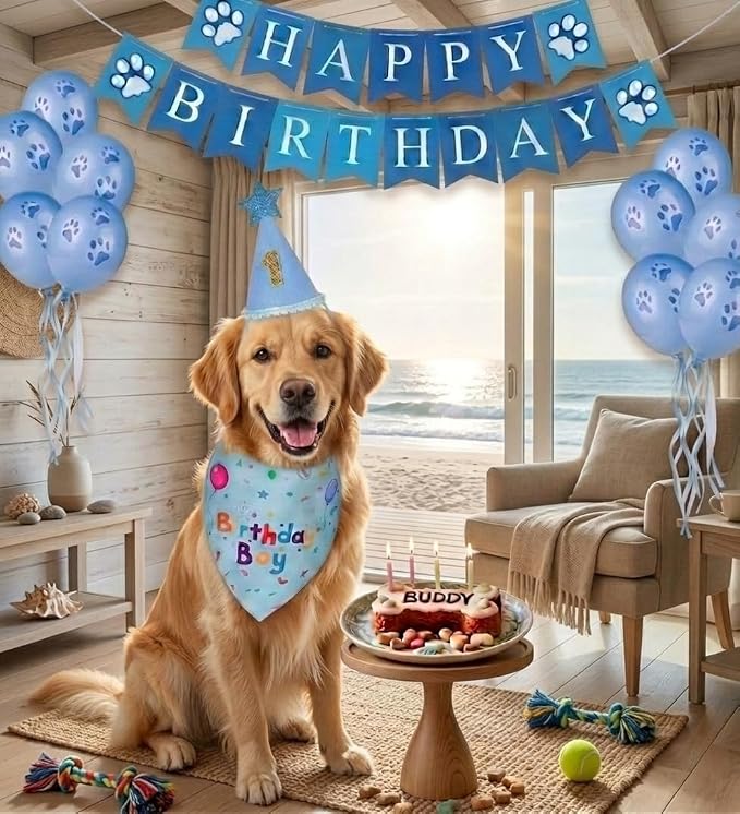Dog Birthday Party Supplies, Dog Birthday Bandana Set, Blue