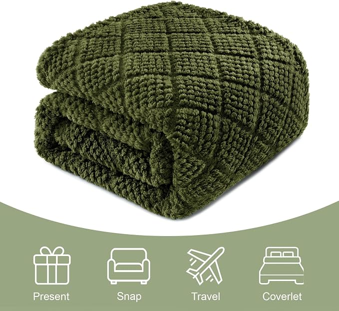 Whale Flotilla Soft Fleece Throw Blanket for Couch, Olive | Jacquard Waffle Blankets for Home Decor, Lightweight and Cozy, All Season Suitable, 50x60 Inch