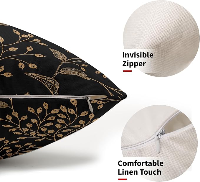 Boho Lumbar Pillow Covers 12X20 Inch Set of 2 Black Gold Floral Leaves Decorative Pillow Cases Vintage Flower Leaf Cotton Linen Cushion Case Farmhouse Home Decor for Sofa Couch Porch Outdoor