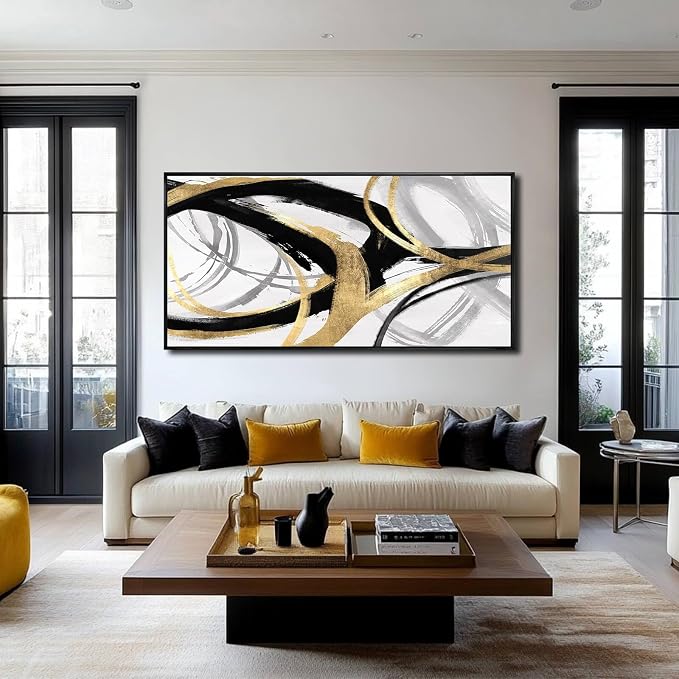 Abstract Wall Art Pictures for Living Room Gold Wall Decor Line Art for Bedroom Kitchen Home Office Decoration Framed Art 24"x48"