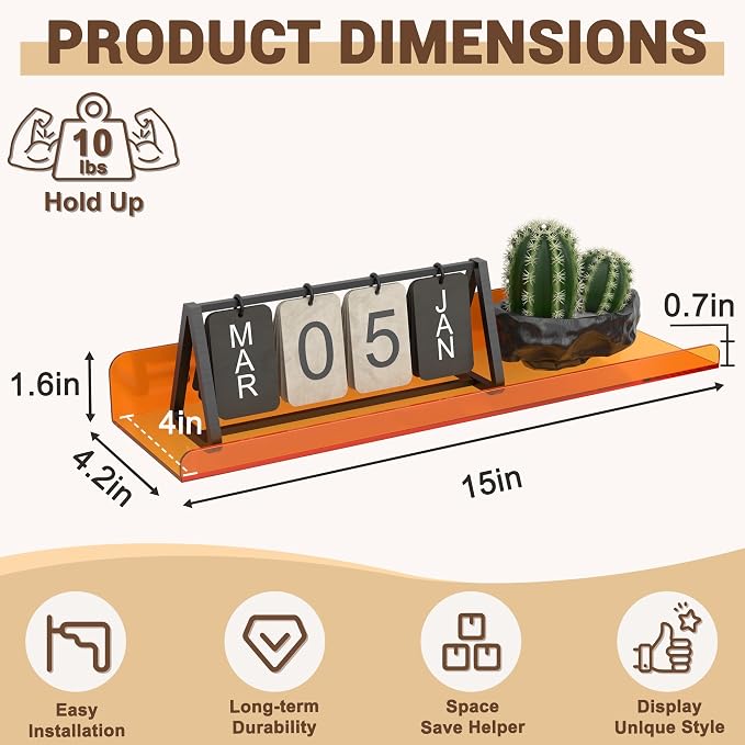 Qukaka Floating Shelves for Wall Decor, 15" Wall Shelves for Bedroom, Living Room, Kitchen, Bathroom Decor, Nail Polish/Book/Decoration/Makeup/Perfume Organizer Floating Shelf-3Pack Clear Orange