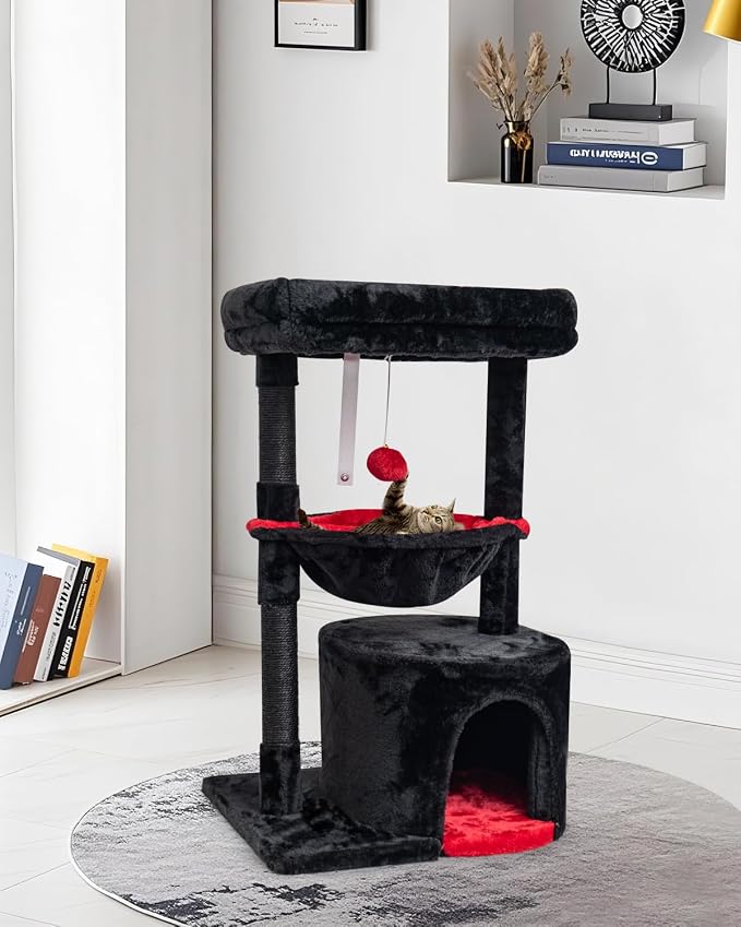 SYANDLVY Gothic Cat Tree with Coffin Bed for Indoor Cats, Modern House | Small Activity Tower with Scratching Post, Condo & Cradle, Kittens Cave, Black & Red