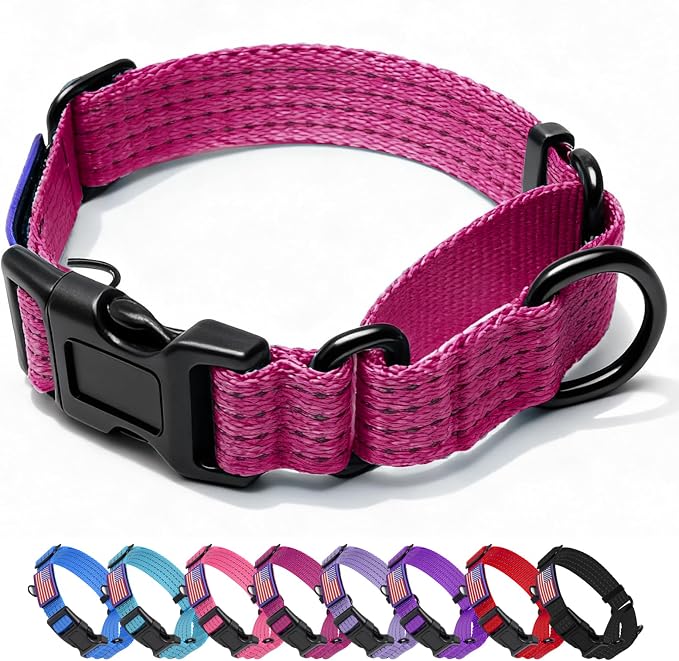 Martingale Dog Collar Reflective NO Pull with USA Flag, L,Hot Pink