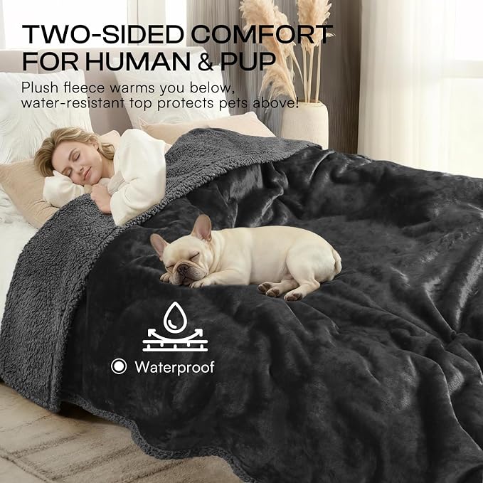 Waterproof Pet Blanket, Liquid Pee Proof Dog Blanket for Sofa Bed Couch, Reversible Sherpa Fleece Furniture Protector Cover for Small Medium Large Dogs Cats, Black Small（40" x 28"） | waterproof pet blanket sherpa fleece reversible couch cover bed prote...