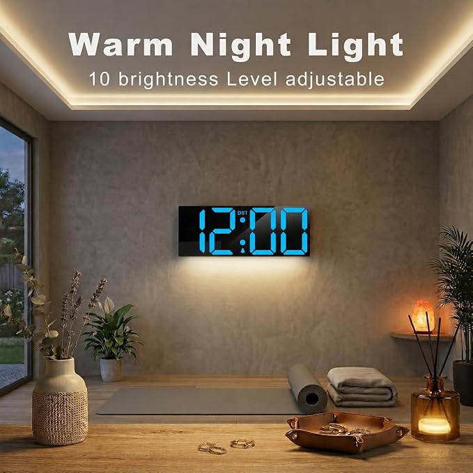 JALL 22" Large Digital Wall Clock, Big LED Display with Night Light, Auto Dimming & DST, Giant Alarm Clock for Seniors, Elderly Parents, Gift for Mom Dad (Blue)