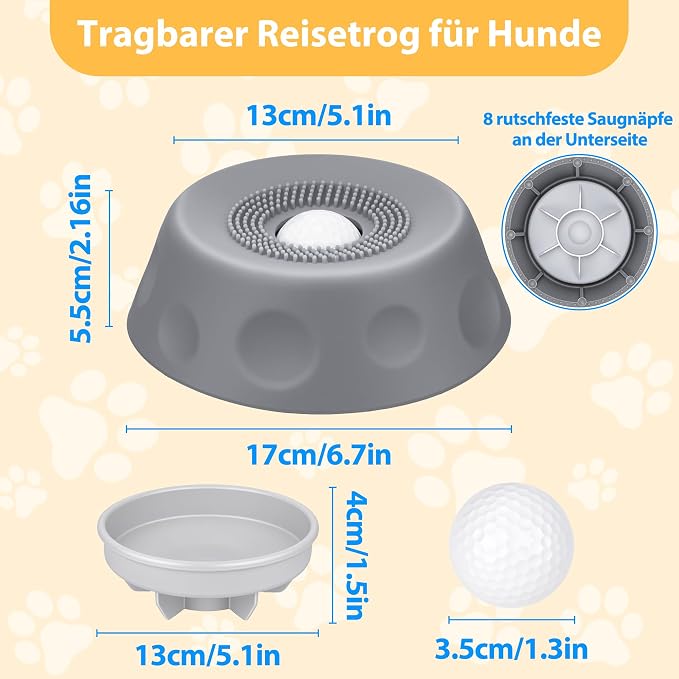 Slow Feeder Dog Bowls for Liquid Treat, Dog Lick Bowl for Anxiety Relief & Fast Eaters, Anti-Slip Ball-in Bone Broth, 5/6 Cup Pup Lick Toy for Peanut Butter Large Medium Small Pet Cats Gray