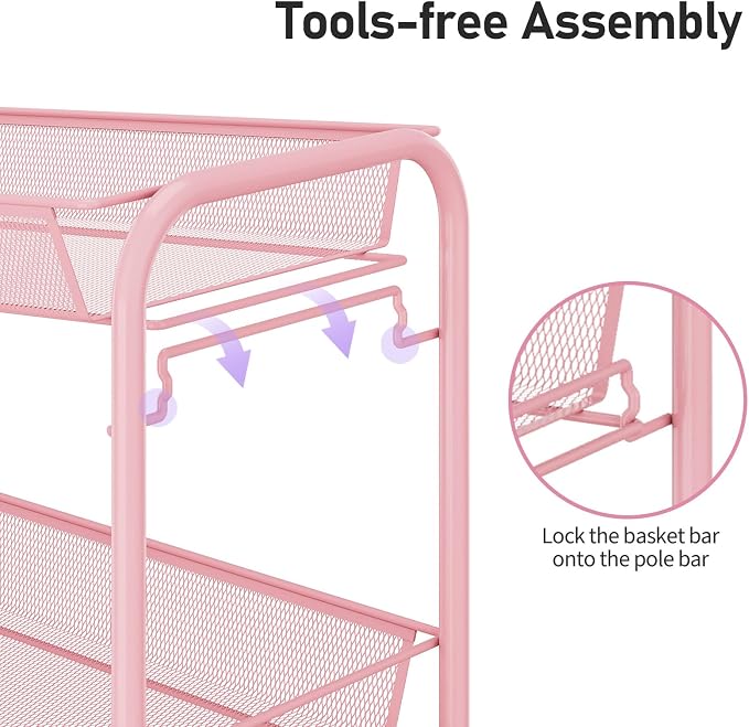 TOOLF 3 Tier Rolling Cart, Metal Utility Storage Cart with Wheels, Pink | 3 Hooks, Screwless Assembly, Trolley Organizer for Bathroom, Kitchen, Office, Nursery, Dorm, Laundry Room