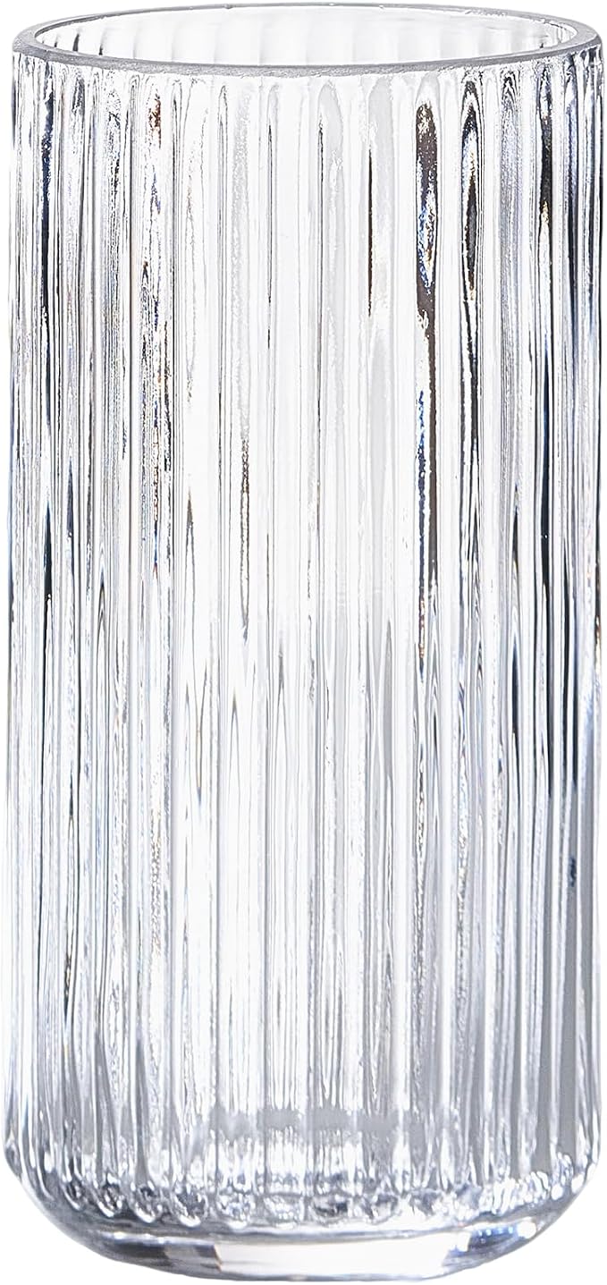 Clear Glass Flower Vase for Pampas Grass, 7.5 inch Medium Decorative Centerpiece Ribbed Vase for Dining Table, Office Desktop, Shelf Bookshelf, Mantel, Entryway, Bathroom, Countertop, Farmhouse, Gift