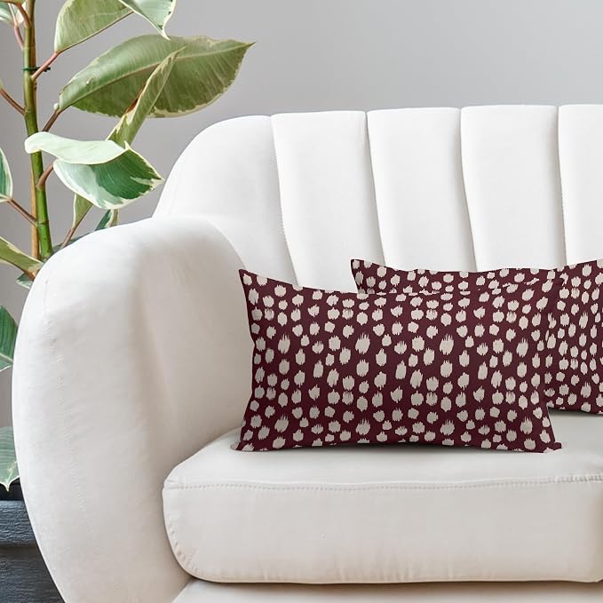 Sweetshow Burgundy Cream Dots Lumbar Pillow Covers 12x20 Set of 2 Boho Design Polka Dot Print Throw Pillows Modern Outdoor Decorative Pillowcase Rectangle Linen Cushion Cases Decor for Sofa Couch Bed