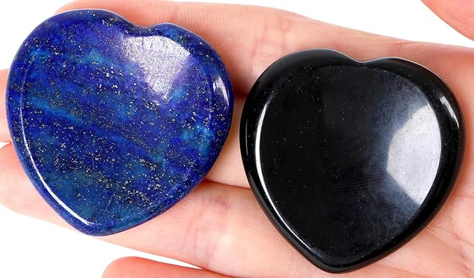 QINJIEJIE 2PCS Worry Stones for Anxiety Lapis Lazuli Black Obsidian Crystals Thumb Heart Crystal Palm Polished Gemstone Pocket Massage Natural Gem Stress Relief Item Reiki Meditation Gift for Women