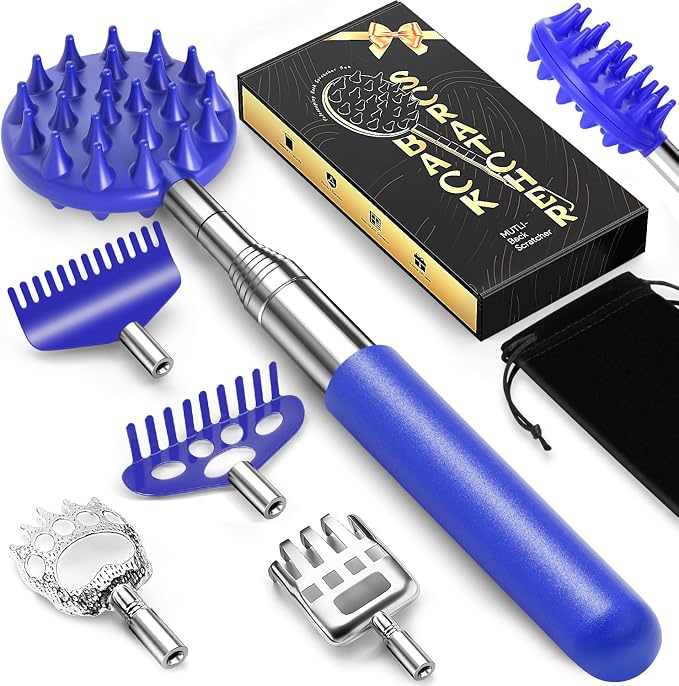 TUKUOS Telescoping Back Scratcher with 5 Detachable Scratching Heads, Valentines Day Gifts for Him Men, Anniversary Birthday Gifts for Men Women Back Scratcher for Men/Dad/Women/Adults - Blue