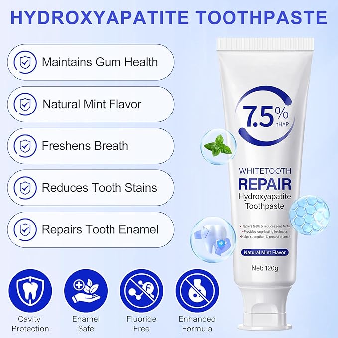 7.9% Nano Hydroxyapatite Toothpaste 2Pcs - Gum Care Strengthen, Repairs Teeth and Reduces Sensitivity, Provides Long-Lasting Freshness, Prevent Cavities, Naturally Whiter Teeth, Fluoride-Free
