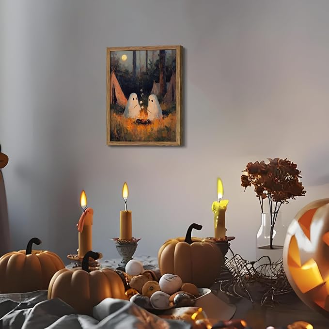 Framed Vintage Halloween Wall Art, Camping Ghosts Cozy Fireplace Canvas Prints, Gothic Whimsigoth Decor Cute Spooky Poster, Farmhouse Halloween Wall Decor, Ready to Hang 12x16in Wood Frame