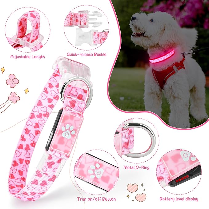 Light up Dog Collar Rechargable - Multicolor LED Dog Collar, 7 Colors Safety Dog Lights with Battery Indicator, Waterproof and Adjustable Heart Print Glow Collar for Dogs (Pink Heart, M)