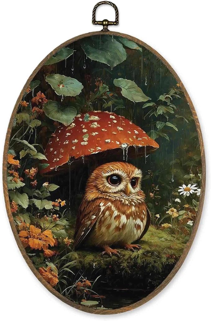 LKETW Vintage Owl Mushroom Oval Wall Art Decor, Whimsical Dark Cottagecore Oval Canvas Hanging Decor, Moody Botanical Forest Mushroom Bird Wall Decorations for Home Bedroom Living Room, 8.6x11.4 Inch