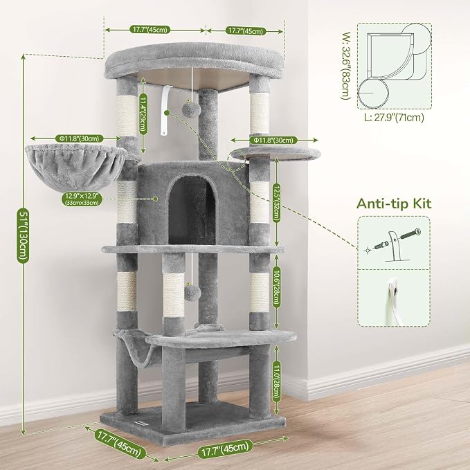 Globlazer Corner Cat Tree Tower with Scratching Post, C51, Light Grey | 51in Space-Saving Multi-Level Cat Condo for Indoor Cats with Hammock, Large Top Perch for Large Cats, Cozy Cat Cave
