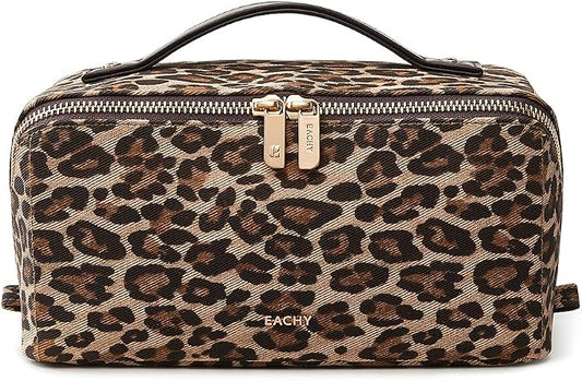 EACHY Travel Makeup Bag, Large Capacity Cosmetic Bag for Women, Waterproof PU Leather, Flat Open Portable Toiletry Bag for Skincare, Brushes & Travel Essentials