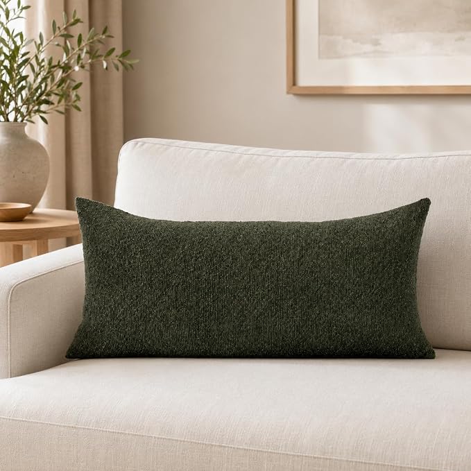 JoraLion 14x24 inch Boucle Lumbar Pillow Cover, Army Green Woven Texture Neutral Long Pillow Cover Breathable Cushion Case for Couch Sofa Bed Living Room Home Decor (Cover Only)