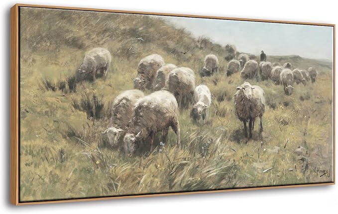 Farmhouse Framed Wall Art, Vintage Sheep on the Dunes Picture, 20x40 Inch | Classic Shepherd & Flock Canvas Painting, Large Country Animal Landscape Print, Rustic Artwork for Living Room Bedroom Decor