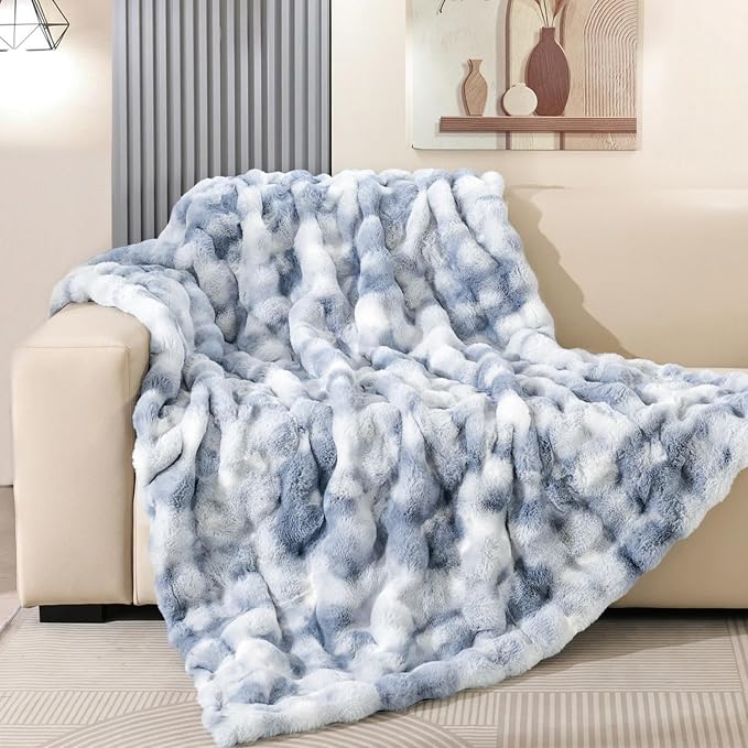 Latepis Faux Fur Throw Blanket for Couch, Soft Luxury Faux Fur Bubble Blanket for Sofa and Bedroom, Plush Thick Warm Cozy Fluffy Blanket for All Seasons, 50” x 60”, Tie-dye Blue
