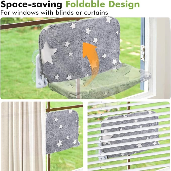 Zoratoo Glow in the Dark Cat Window Perch, Foldable Cordless Pet Hammock, L | Glowing Stars Fabric, Sturdy Metal Frame, Removable for Machine Wash, Comfortable Sunken Design Resting Seat for Indoor Cats