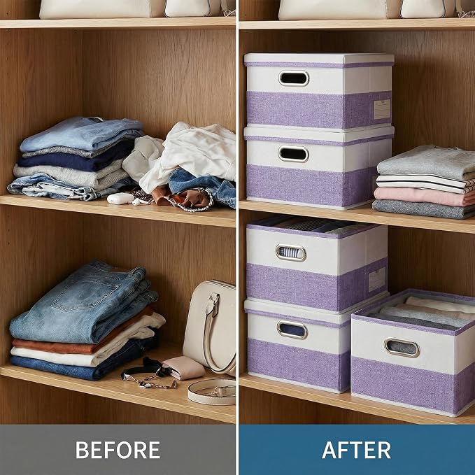 Storage Bins with Lids [3-Pack] Linen Fabric Foldable Storage Boxes Organizer Containers Baskets Cube with Cover for Bedroom Closet Office Purple&White（11.4X8.6X6.7