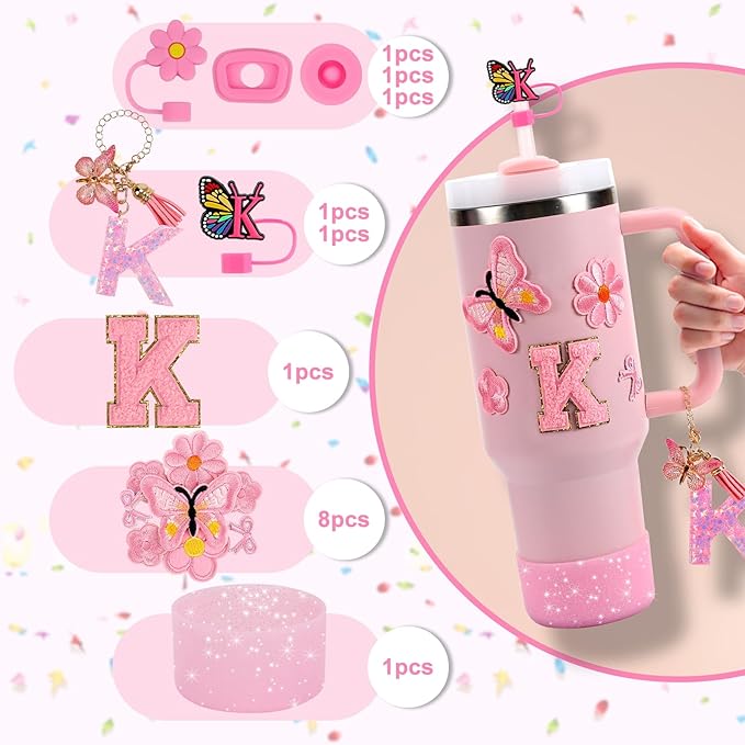15PCS Cup Accessories Set for Stanley Cup 30oz 40oz Tumbler with Handle, Including Silicone Straw Cover and Boot, Spill Proof Stopper, Stanley Charms, Handle Charm, Initials Sticker