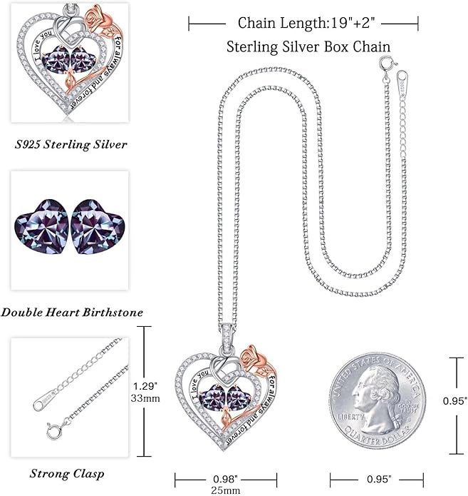 Iefil Valentines Day Gifts for Her Wife - 925 Sterling Silver Double Birthstone Necklace, Anniversary Birthday Gifts for Women, Jewelry Gift for Wife Girlfriend Mom Her