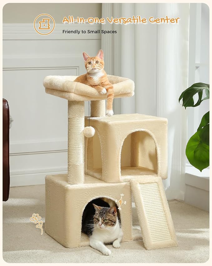 PAWZ Road 30" Cat Tower, Small Cat Tree with 2 Condos for Indoor Cats | cat trees for small cats,cat houses with scratching ramp and posts,dual condos&top perch for multi-cat