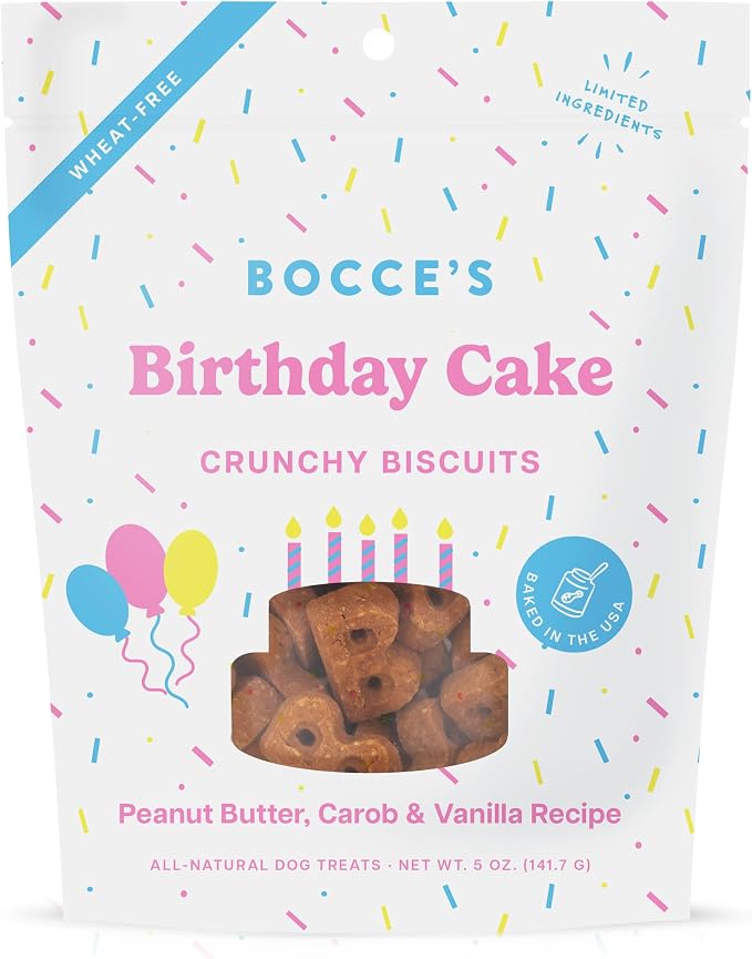 Bocce's Bakery Birthday Cake Flavor Crunchy Biscuits Dog Treats, 5 oz | Oven Baked, Wheat-Free Everyday Dog Treat Biscuits - Made with Real, Limited Ingredients and Baked in The USA