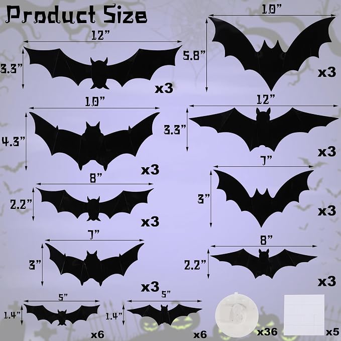 DR.DUDU 36 Pack Halloween Bats Wall Decor Halloween Decorations Indoor | Light Up Flashing Modes, Assorted Size, 3D Bat Stickers, for Bedroom Party Walls Bathroom Mirrors Garages Door