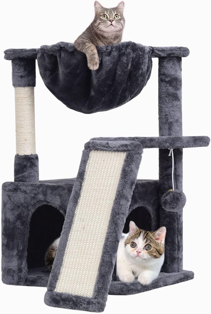 SYANDLVY 23.62" Cat Tree for Indoor Large Cats, Cat Tower with Scratching Posts & Board, Modern Cat Bed Furniture with Condo & Basket (Smoky Grey)