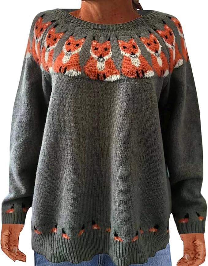 Zhyaj Fair Isle Sweater for Womens Winter Long Sleeve Vintage Knitted Sweater Casual Fall Crew Neck Pullover Sweaters