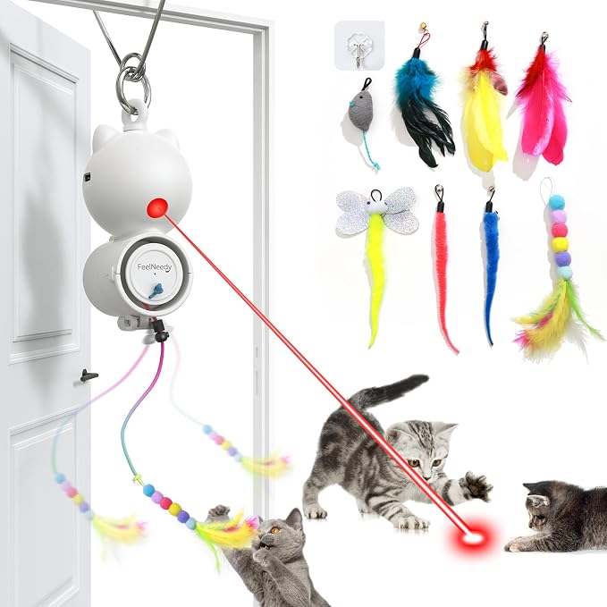 FEELNEEDY Interactive Cat Toys, LED Light, 8 PCS Replacement Teaser with Bell Refills, Feather & Mouse Cats Toy, Hanging Cat Toys for Indoor Cats, for Bored Adult Kitten Exercise, Silver