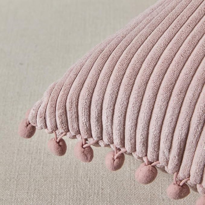 Fancy Homi Pack of 2 Decorative Throw Pillow Covers with Pom-poms, Soft Corduroy Solid Square Cushion Case Pillow Cases Set for Couch Sofa Bedroom Car Living Room (18x18 Inch/45x45 cm, Blush Pink)