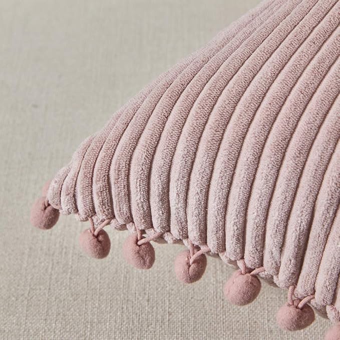 Fancy Homi Set of 2 Blush Pink Decorative Throw Pillow Covers 12x12 Inch with Pom-poms for Couch Bed Sofa, Modern Farmhouse Boho Home Decor, Soft Plush Corduroy Cute Cushion Case 30x30 cm