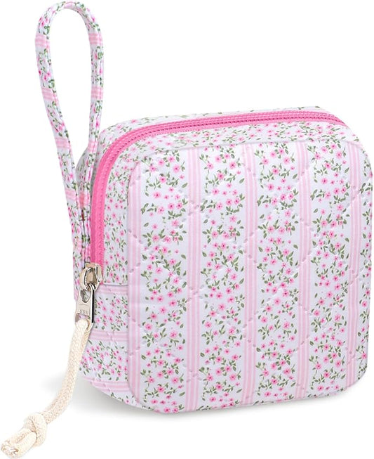 Small Makeup Bag | Discreet Period Bag Pad Pouch for Purse| Sanitary Napkin Storage & Tampon Holder for Travel (Cute flower pink)