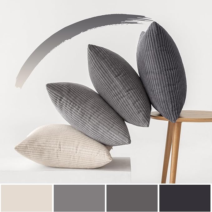 MIULEE Soft Corduroy Decorative Throw Pillow Covers Neutral Grey 20x20 | Set of 4, Mordern Minimalist Decor, Layered Gray Collection, Boho Farmhouse Cushion Covers for Couch Bed Sofa Living Room