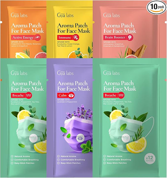 Combo Pack & Breathe Stickers Set for Masks - Natural Essential Oil Aromatherapy Stickers to Refresh Breath for Facial Masks & Pillows, 10 Packs-120 Patches - Gya Labs