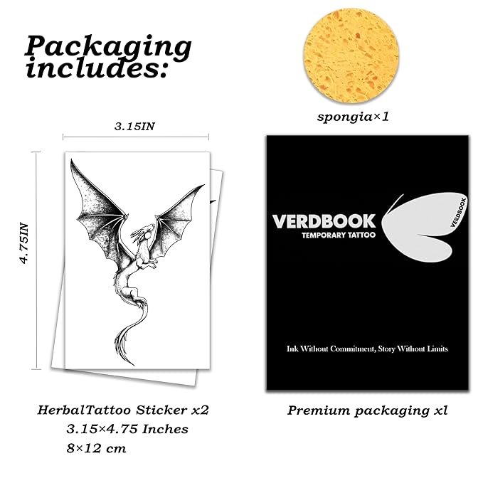 Waterproof Temporary Tattoos: 2-Sheet Tattoo Kit with Realistic Body Stickers, Semi-Permanent Tattoos for Adults Lasting 7-15 Days – Safe for Men & Women, Winged Dragon Pose Pattern