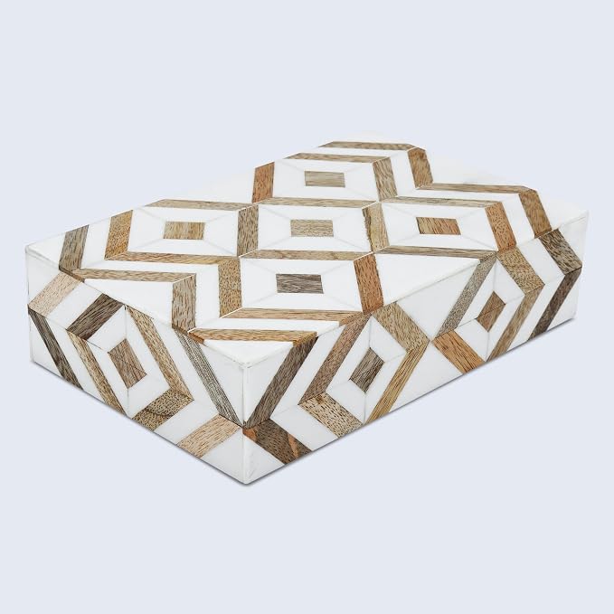 Handicrafts Home White Decorative Storage Box with Lid Wooden Desk Organizer Box Office Storage Box for Workspace Desk Decor Organizer – Resin Inlay Marquet Array Collection - 5x7x1.5