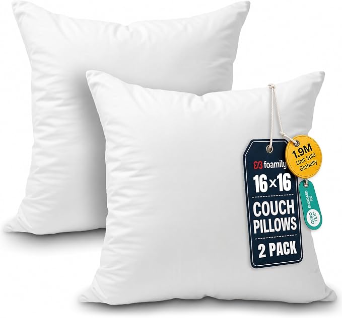 Foamily Couch Pillows Inserts 16x16 (Set of 2) Premium Decorative Pillows for Couch, Bed & Living Room, Soft Fluffy Throw Pillow Inserts for Home Décor