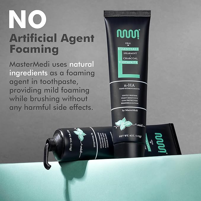 MasterMedi Nano Hydroxyapatite Whitening Toothpaste with Xylitol, Charcoal & Spearmint – Fluoride & SLS Free, Remineralizing Formula for Sensitive Teeth, Enamel Repair, 4 oz (Pack of 1)