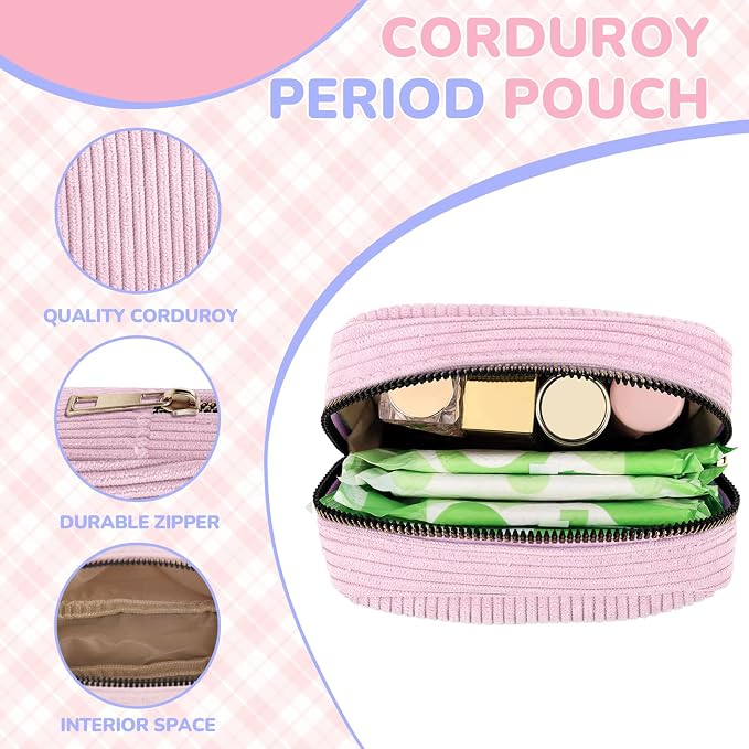 Corduroy Period Pouch Small Discreet Period Bag Sanitary Napkin Storage Bag Cute Menstrual Pad Pouch Tampon Bag for Purse Portable Zipper Makeup Bags for Women Ladies Purple