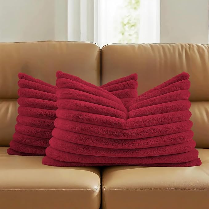 FUTEI Pack of 2 Faux Fur Throw Pillow Covers 12x20 Inch, Retro Red | Fluffy Faux Rabbit Fur Front/Premium Velvet Back,Hidden Zipper,Machine Washable,Non-Shedding,Colorfast,Insert Not Included.
