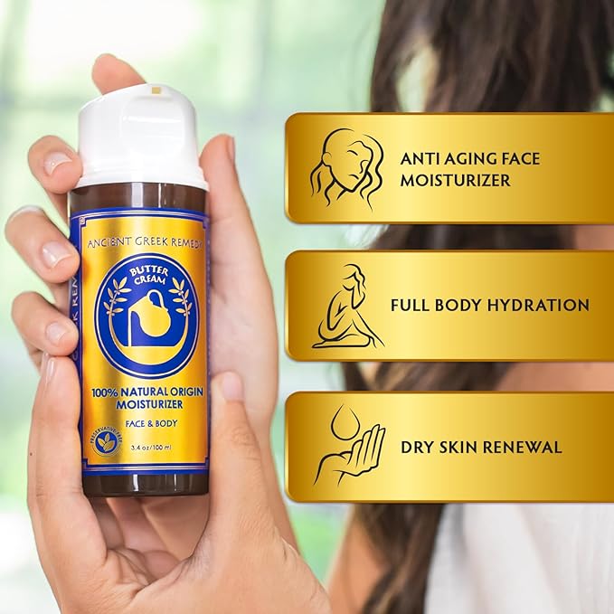 Ancient Greek Remedy Anti Aging Face Moisturizer for Women - Organic Face & Body Butter Cream for Dry Skin with Almond, Jojoba, Olive, Rosehip, Vitamin E & Lavender Oil. Natural Day & Night Cream